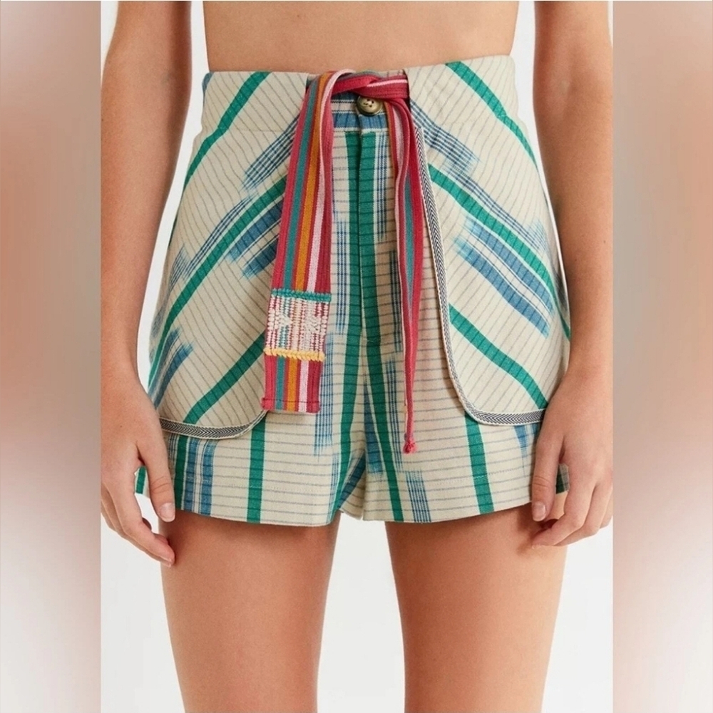 Urban Outfitters Eva Striped Pattern High Waist Shorts Size 2 Neutral Beige - Picture 3 of 15